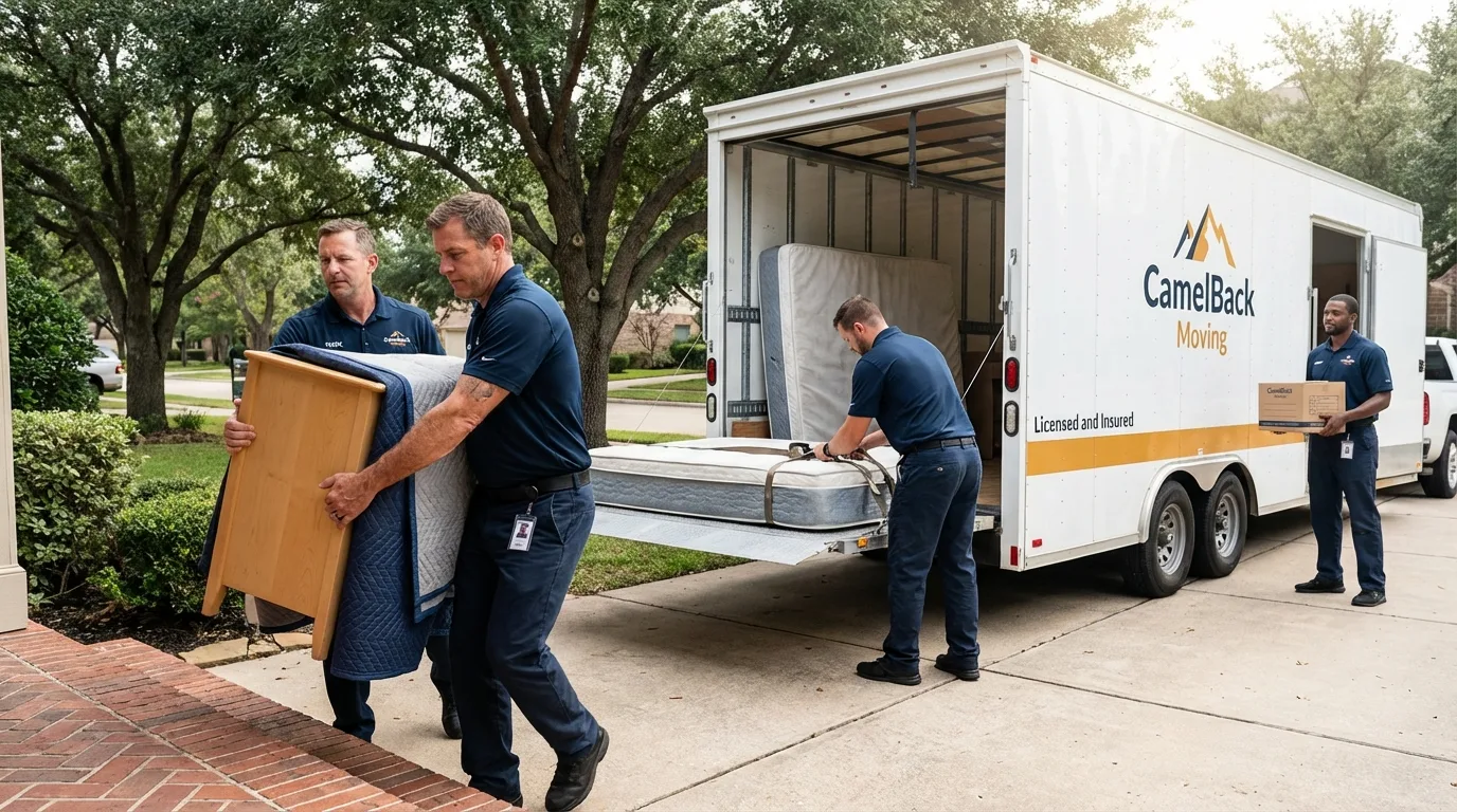 Crew loading residential truck for cross-state move from Patterson, LA