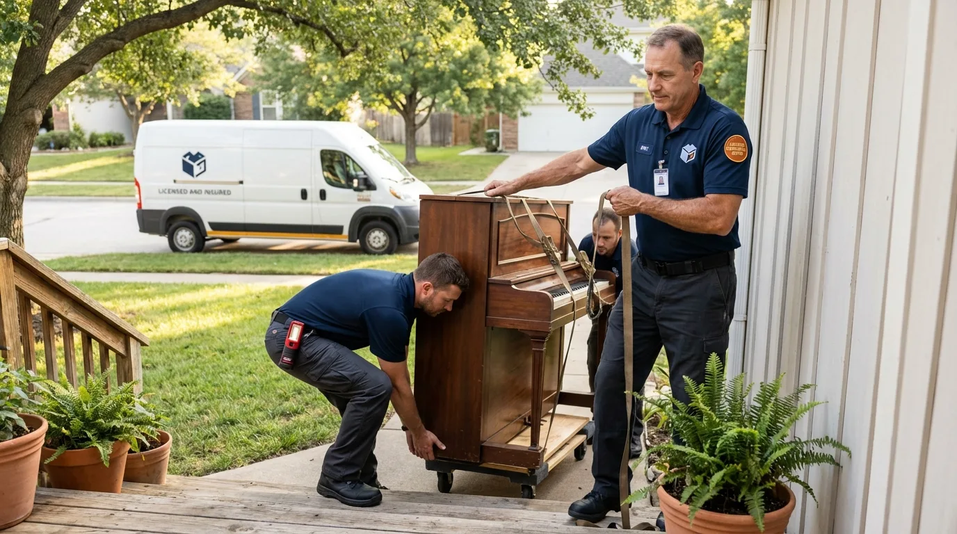 Licensed piano movers securing grand piano in Patterson, LA