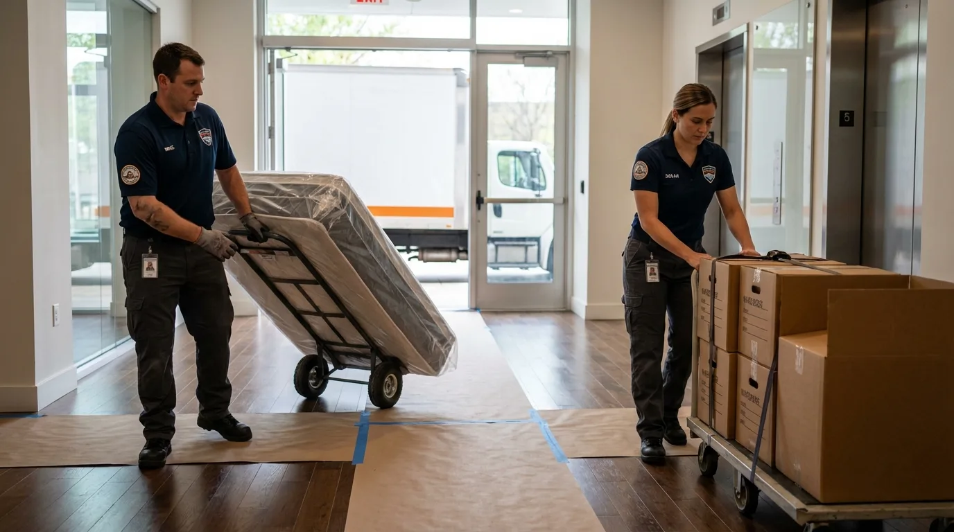 Professional apartment movers loading elevator in Patterson, LA